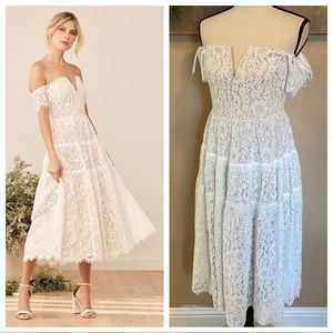 NWOT Lulus Absolutely Stunning White Lace Off-the-Shoulder Midi Dress
